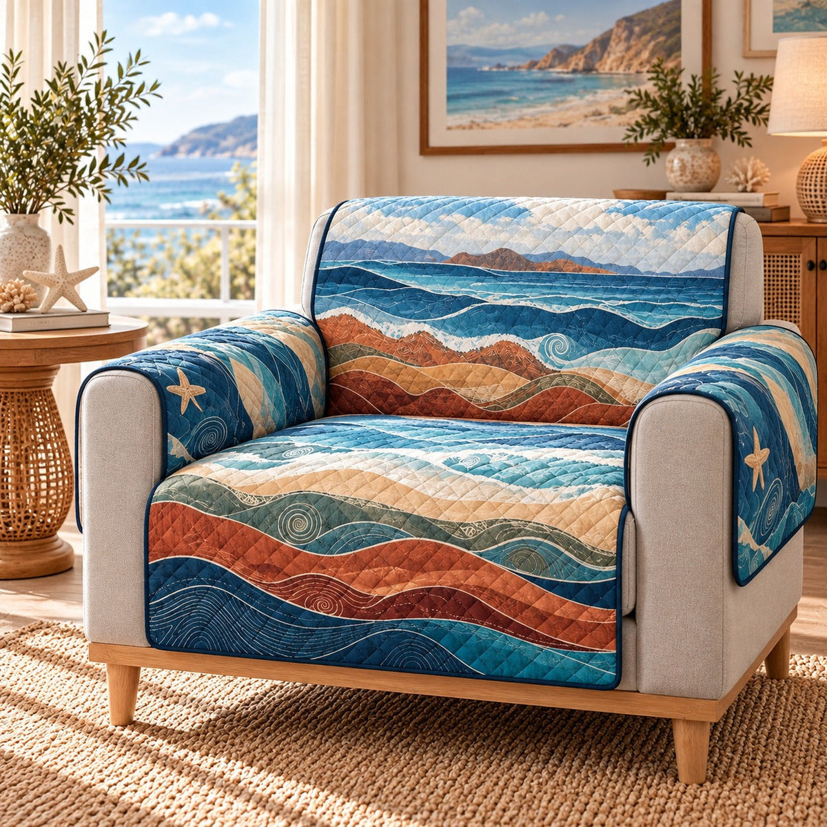 Layered Ocean Wave Sofa Cover, AI-generated mockup