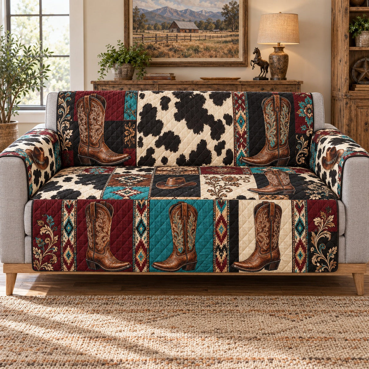 Western Cowboy Boot Sofa Cover, AI-generated mockup