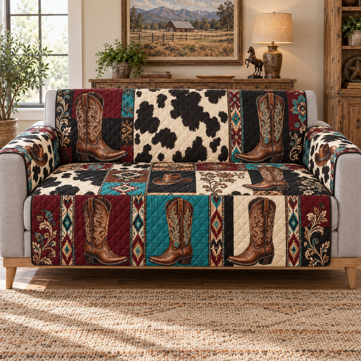 Western Cowboy Boot Quilt Set, Southwestern Gift for Rodeo Fans — front AI mockup