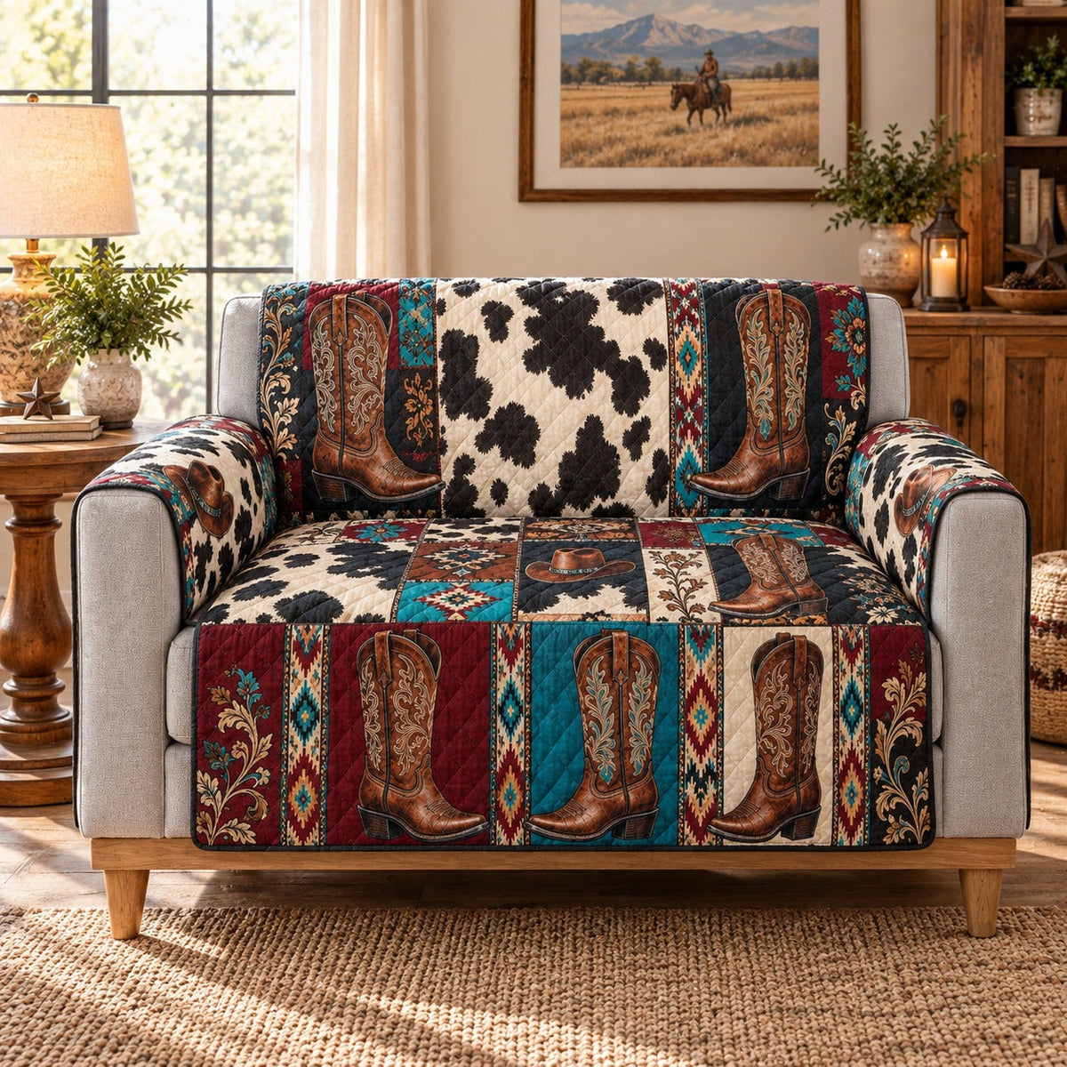 Western Cowboy Boot Sofa Cover, AI-generated mockup
