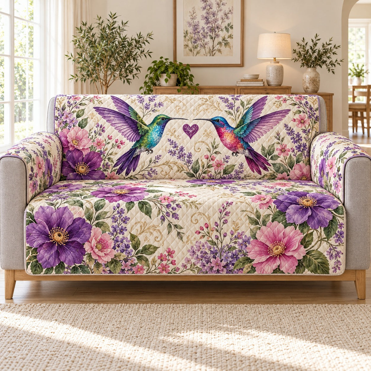 Hummingbird Purple Flower Quilt Set, Garden Gift for Hummingbird Lovers — front AI mockup