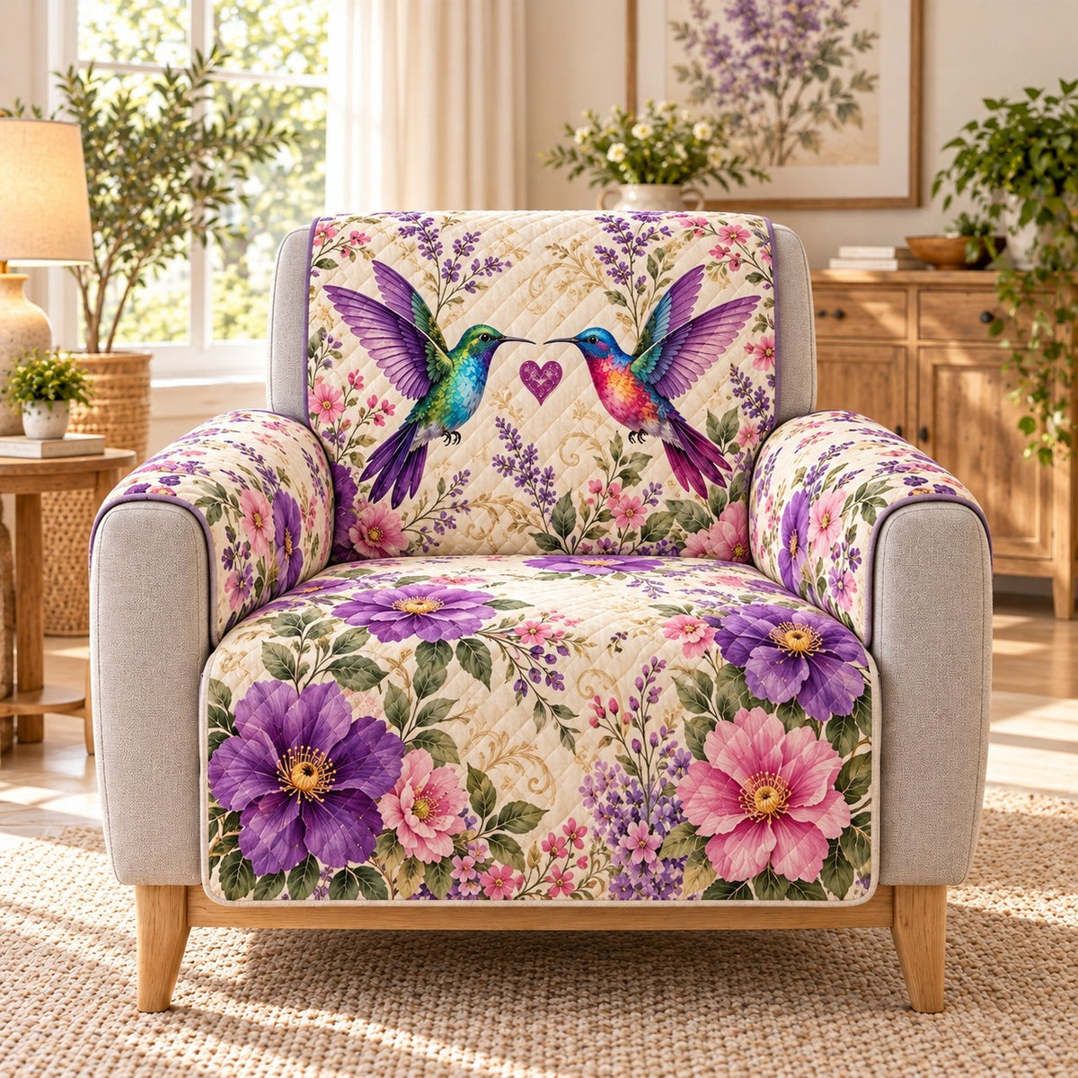 Hummingbird Purple Flower Quilt Set, Garden Gift for Hummingbird Lovers — alternate AI mockup