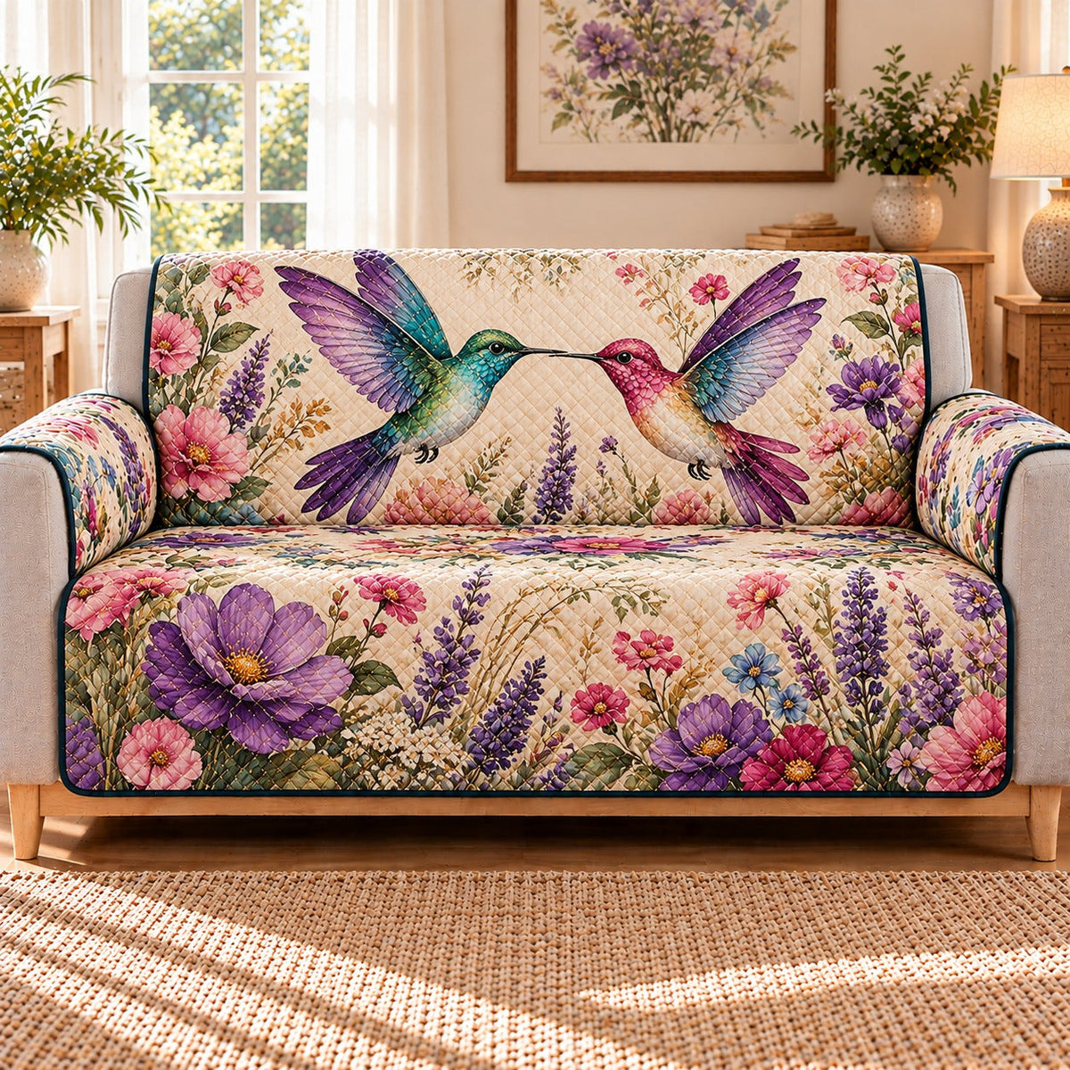 Hummingbird Lavender Garden Sofa Cover, AI-generated mockup