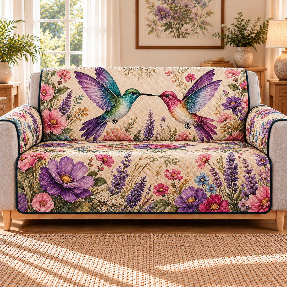 Hummingbird Lavender Garden Quilt Set, Gift for Bird and Lavender Lovers — front AI mockup
