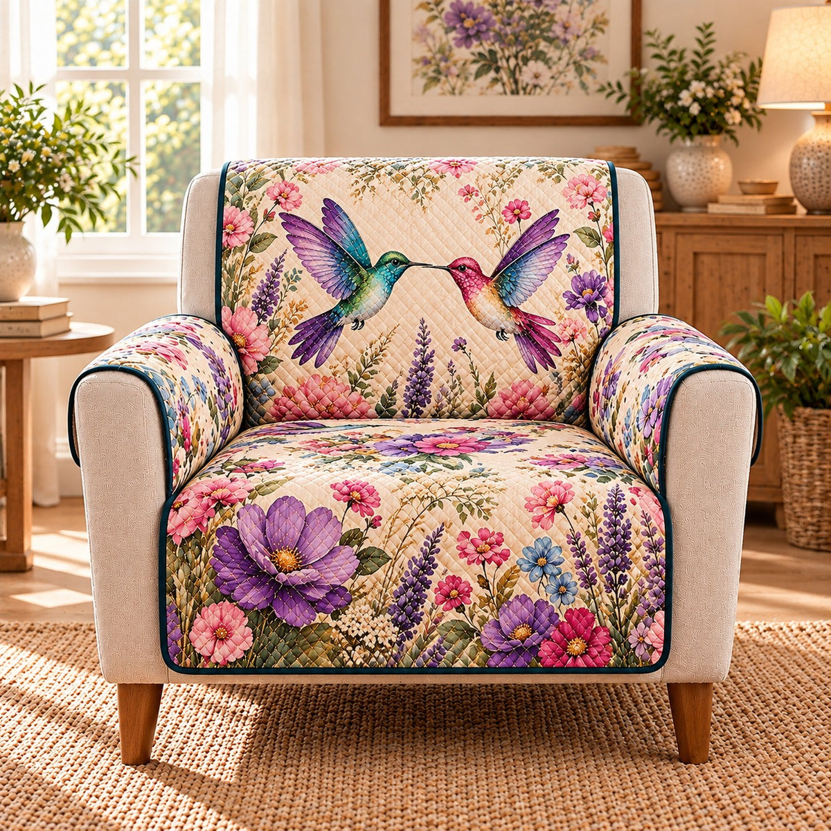 Hummingbird Lavender Garden Quilt Set, Gift for Bird and Lavender Lovers — alternate AI mockup