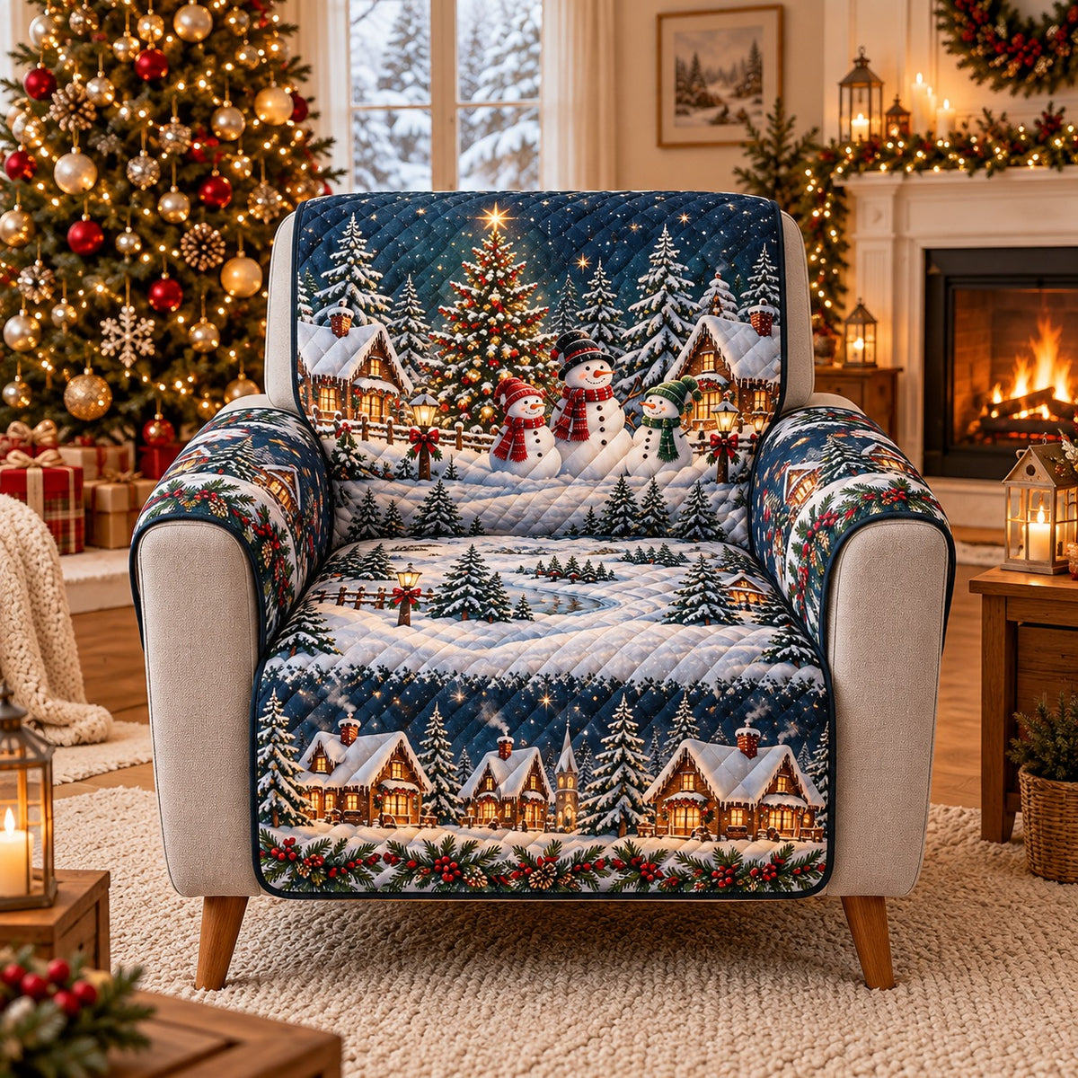 Christmas Village Snowman Quilt Set, Winter Gift for Holiday Decor Fans — alternate AI mockup