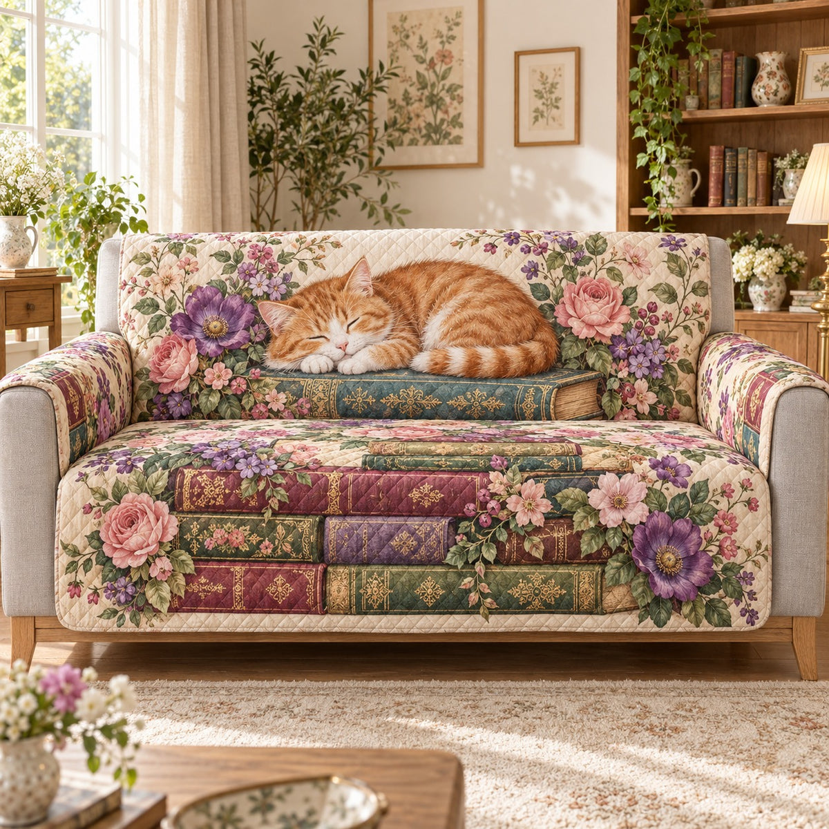 Sleeping Orange Cat Quilt Set, Floral Patchwork Gift for Cat Lovers — front AI mockup