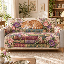 Sleeping Orange Cat Quilt Set, Floral Patchwork Gift for Cat Lovers