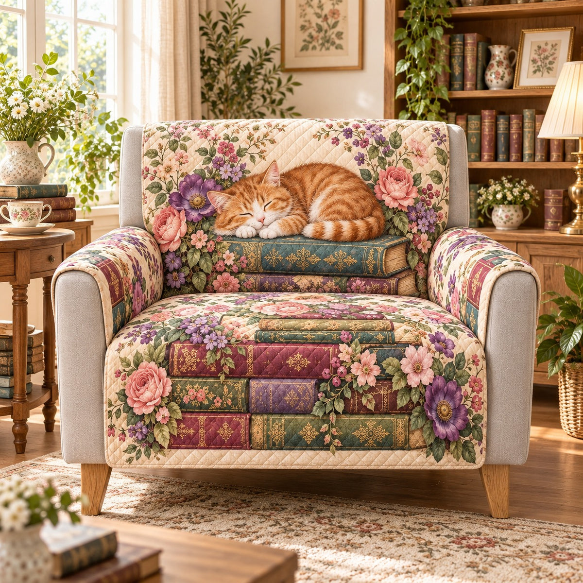 Sleeping Orange Cat Quilt Set, Floral Patchwork Gift for Cat Lovers — alternate AI mockup