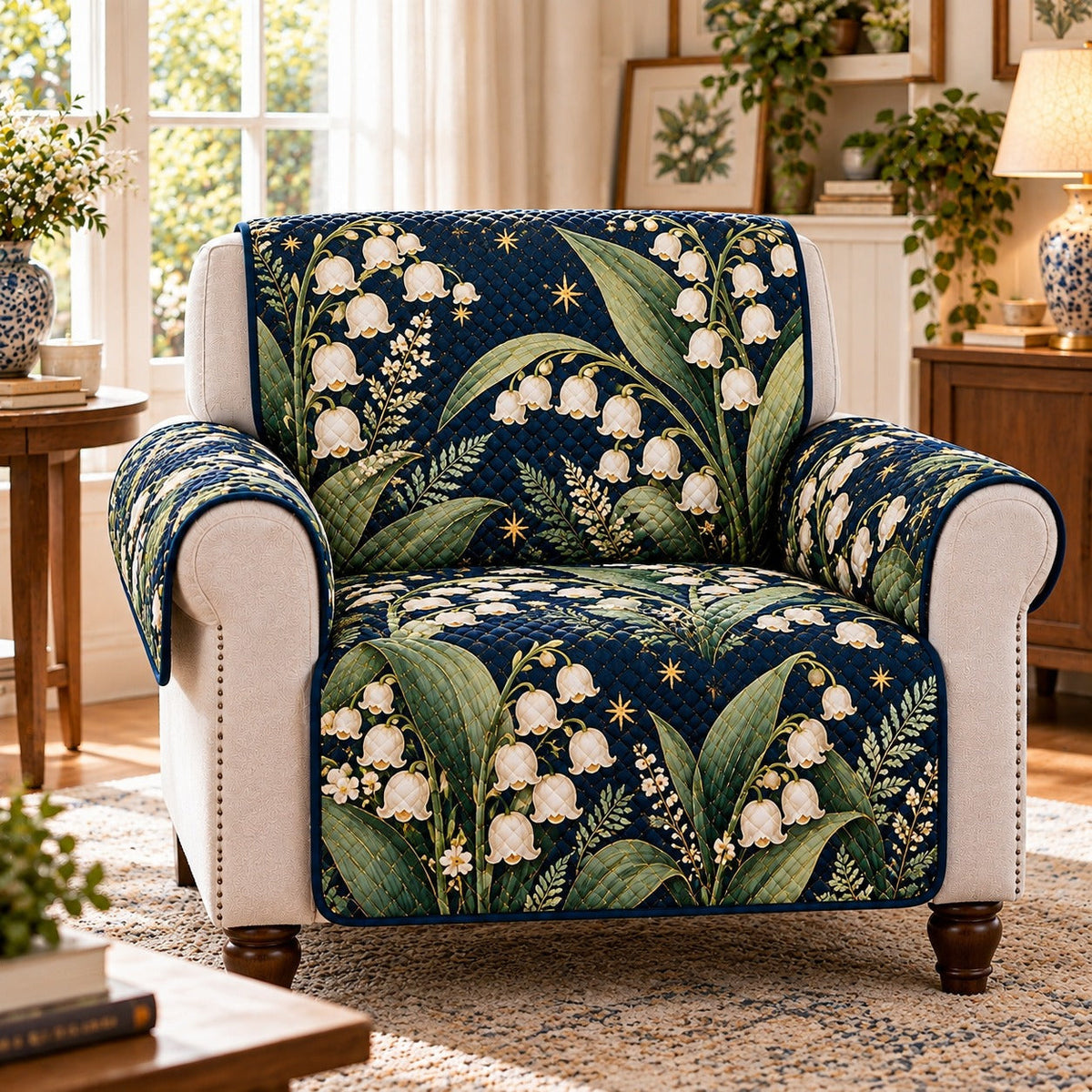 Lily of the Valley Sofa Cover, AI-generated mockup