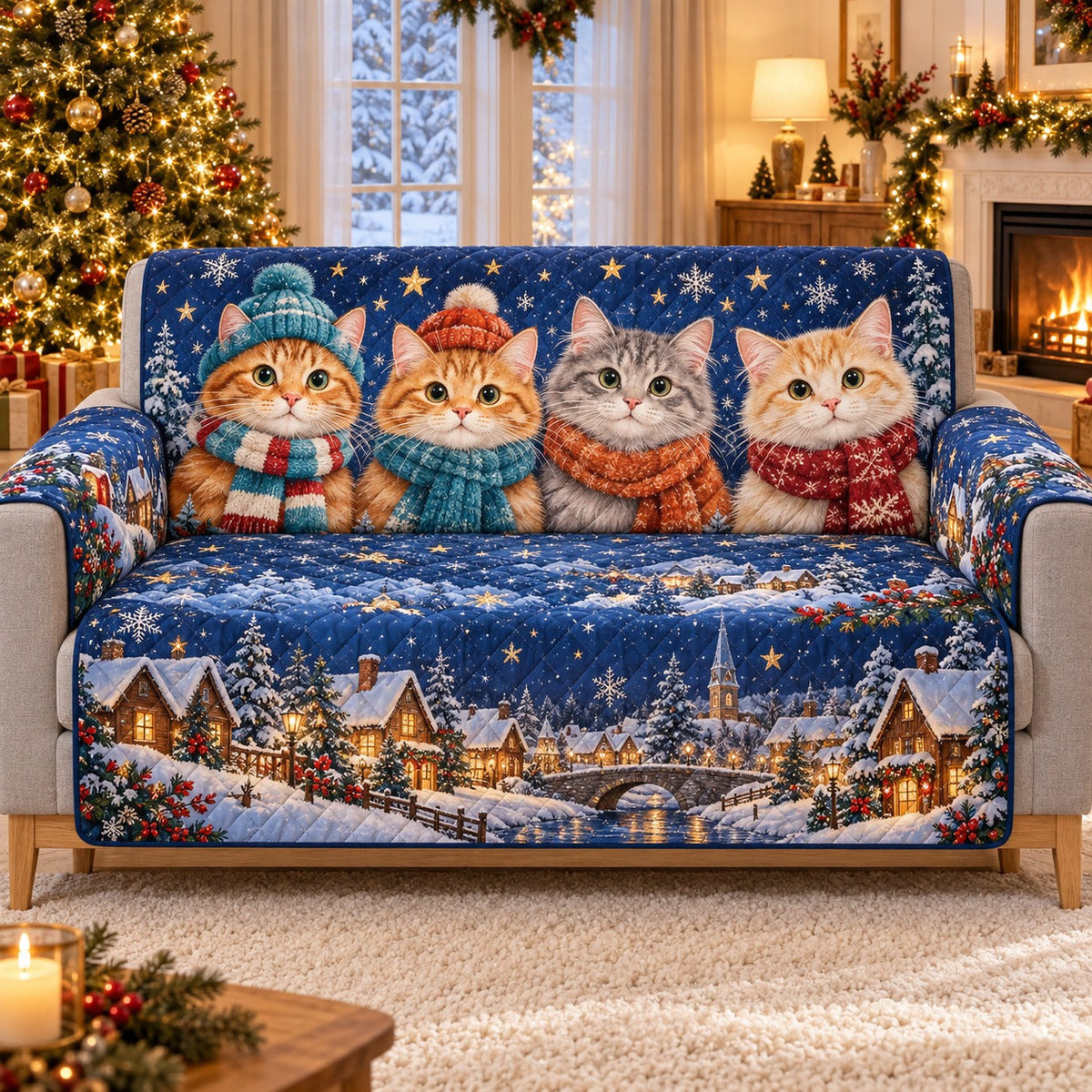 Christmas Cat Village Sofa Cover, AI-generated mockup