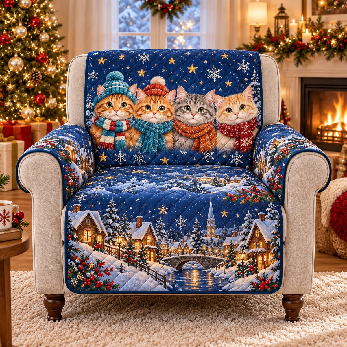 Christmas Cat Village Quilt Set, Winter Gift for Cat and Holiday Lovers — alternate AI mockup