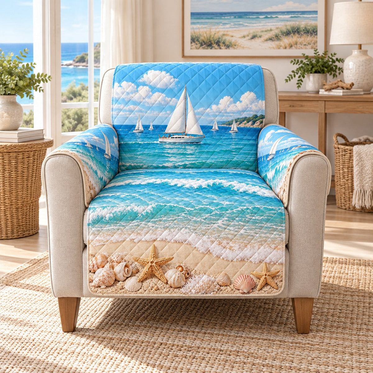 Sailboat Beach Sofa Cover, AI-generated mockup