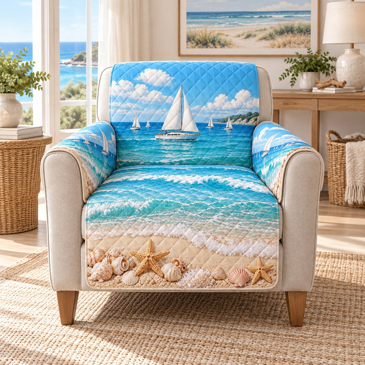 Sailboat Beach Quilt Set, Coastal Bedding Gift for Sailing Lovers — alternate AI mockup
