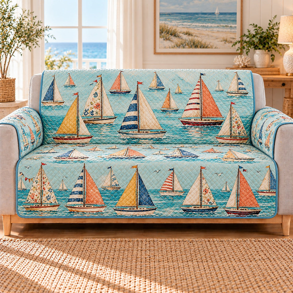 Colorful Sailboat Sofa Cover, AI-generated mockup