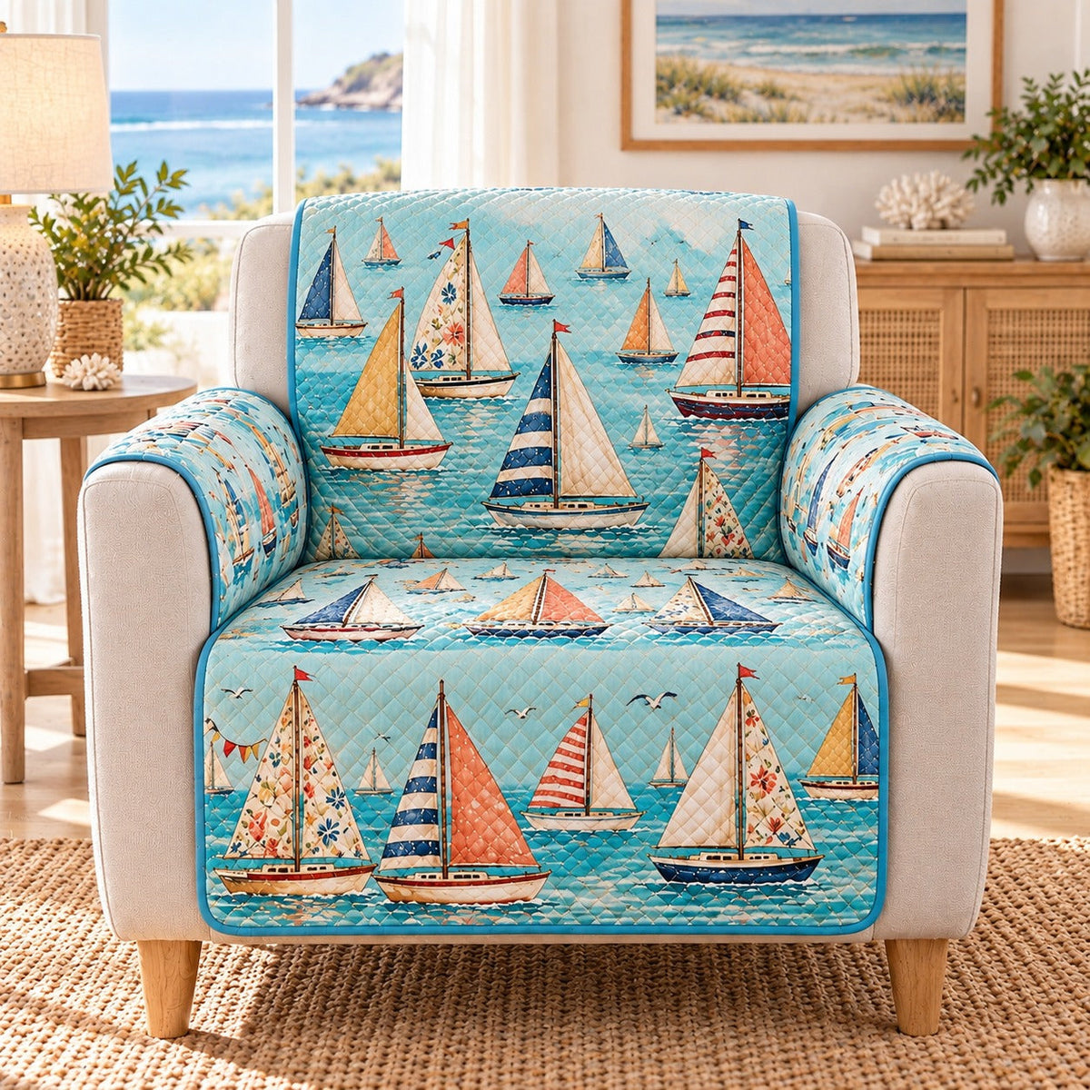 Colorful Sailboat Sofa Cover, AI-generated mockup