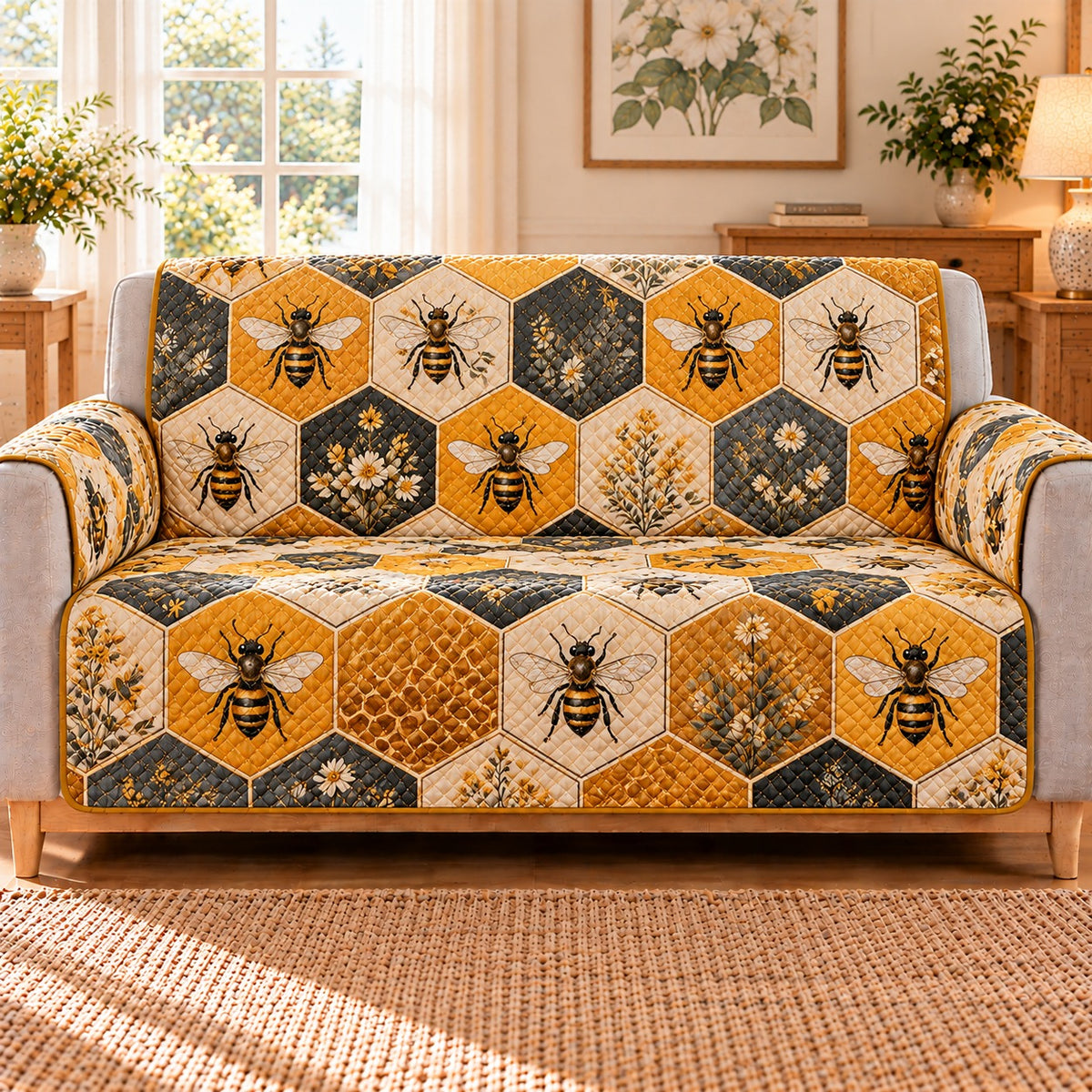 Honey Bee Honeycomb Quilt Set, Golden Bedroom Gift for Beekeepers — front AI mockup