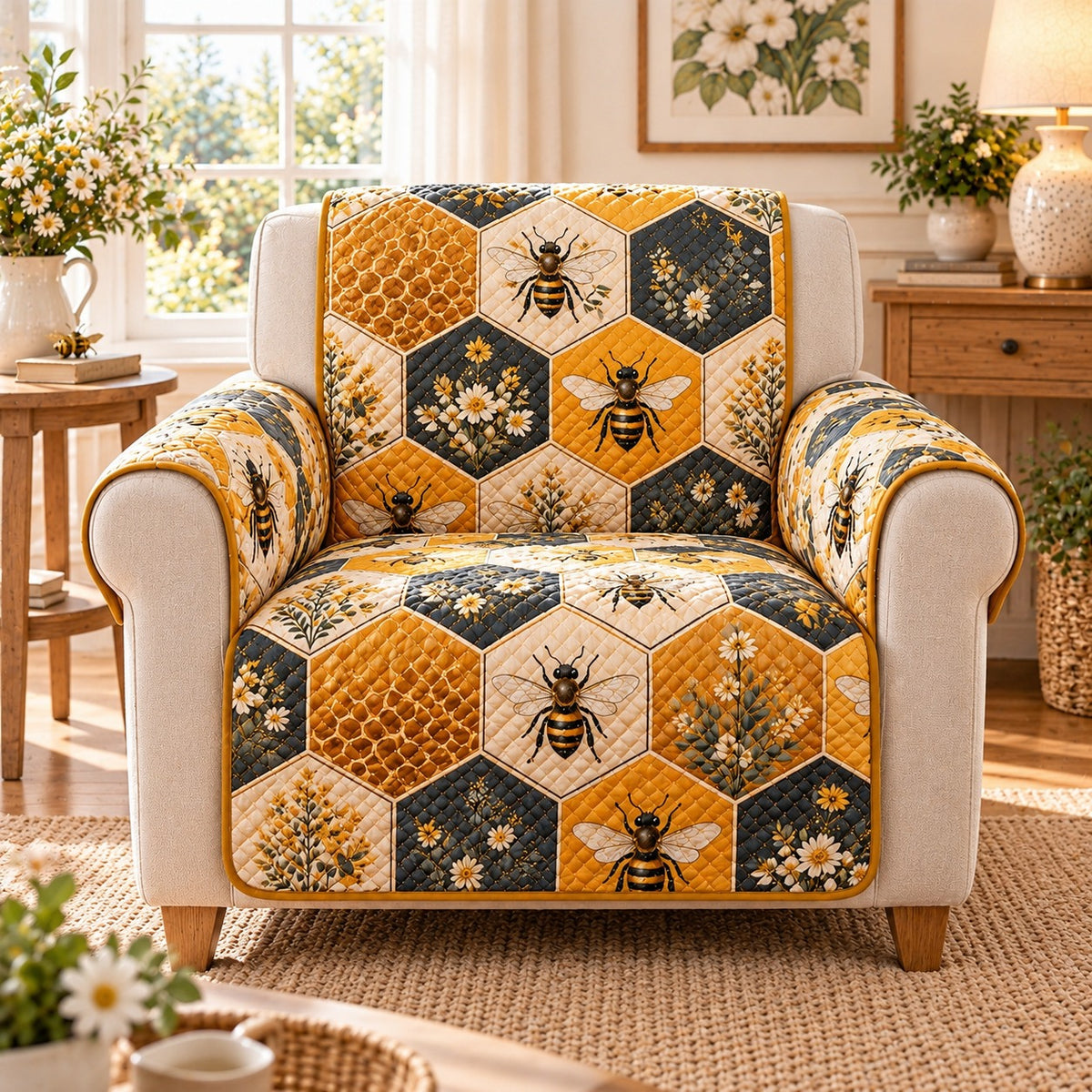 Honey Bee Honeycomb Quilt Set, Golden Bedroom Gift for Beekeepers — alternate AI mockup