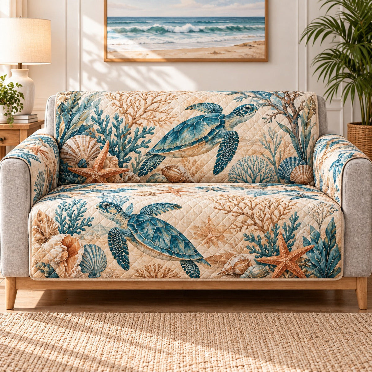 Sea Turtle Coral Reef Sofa Cover, AI-generated mockup