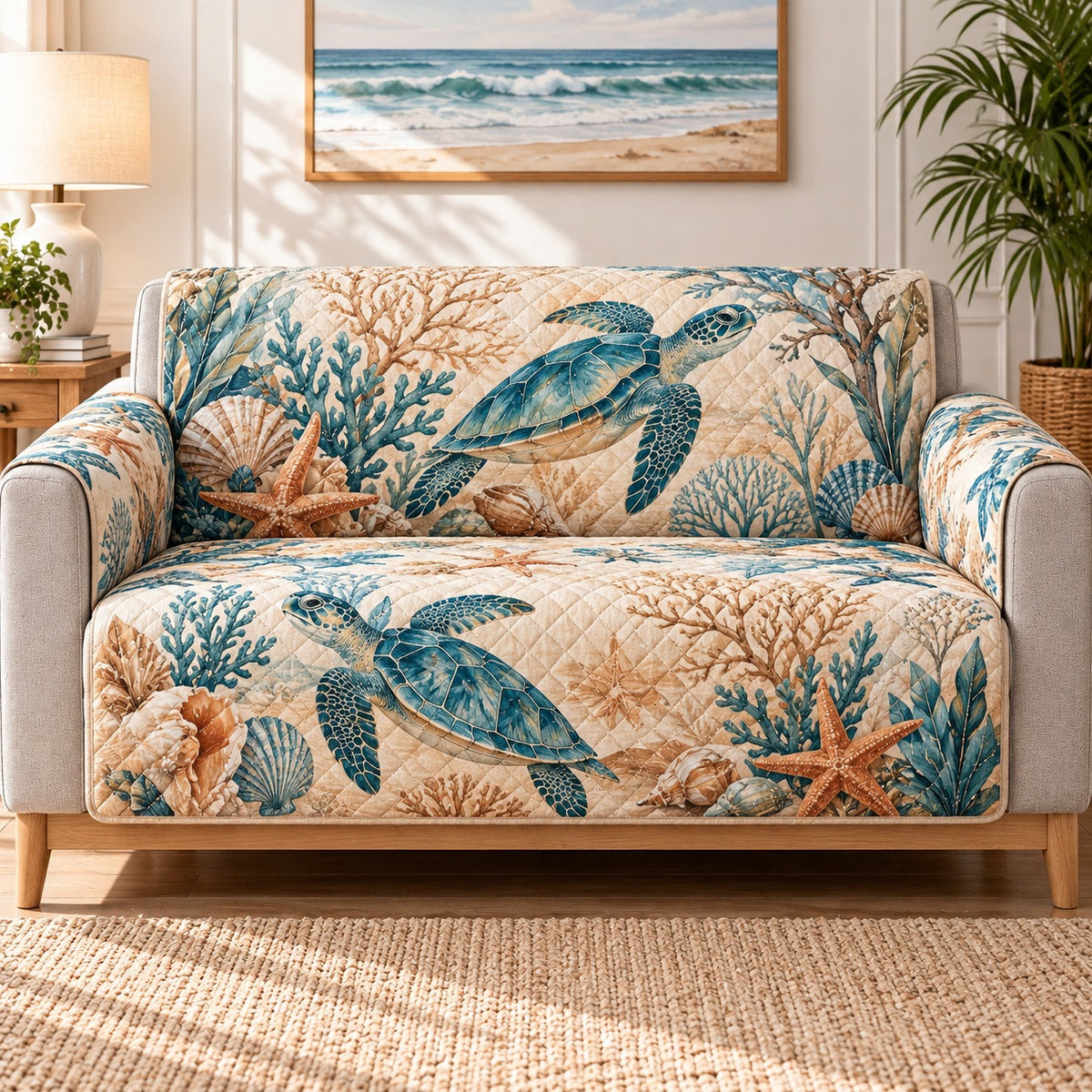 Sea Turtle Coral Reef Quilt Set, Coastal Gift for Turtle Lovers — front AI mockup