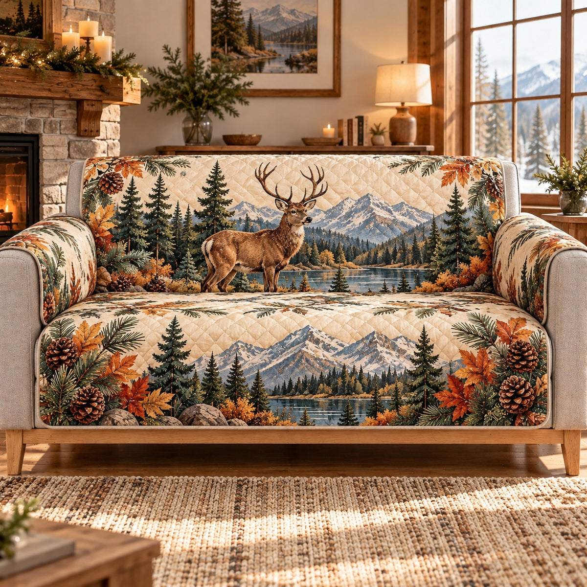 Mountain Elk Forest Quilt Set, Rustic Cabin Gift for Elk Lovers — front AI mockup