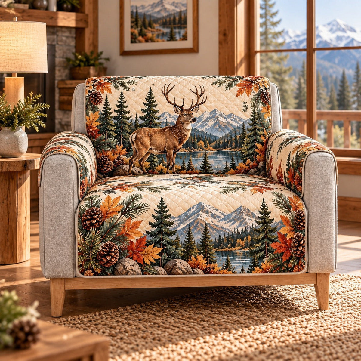 Mountain Elk Forest Sofa Cover, AI-generated mockup