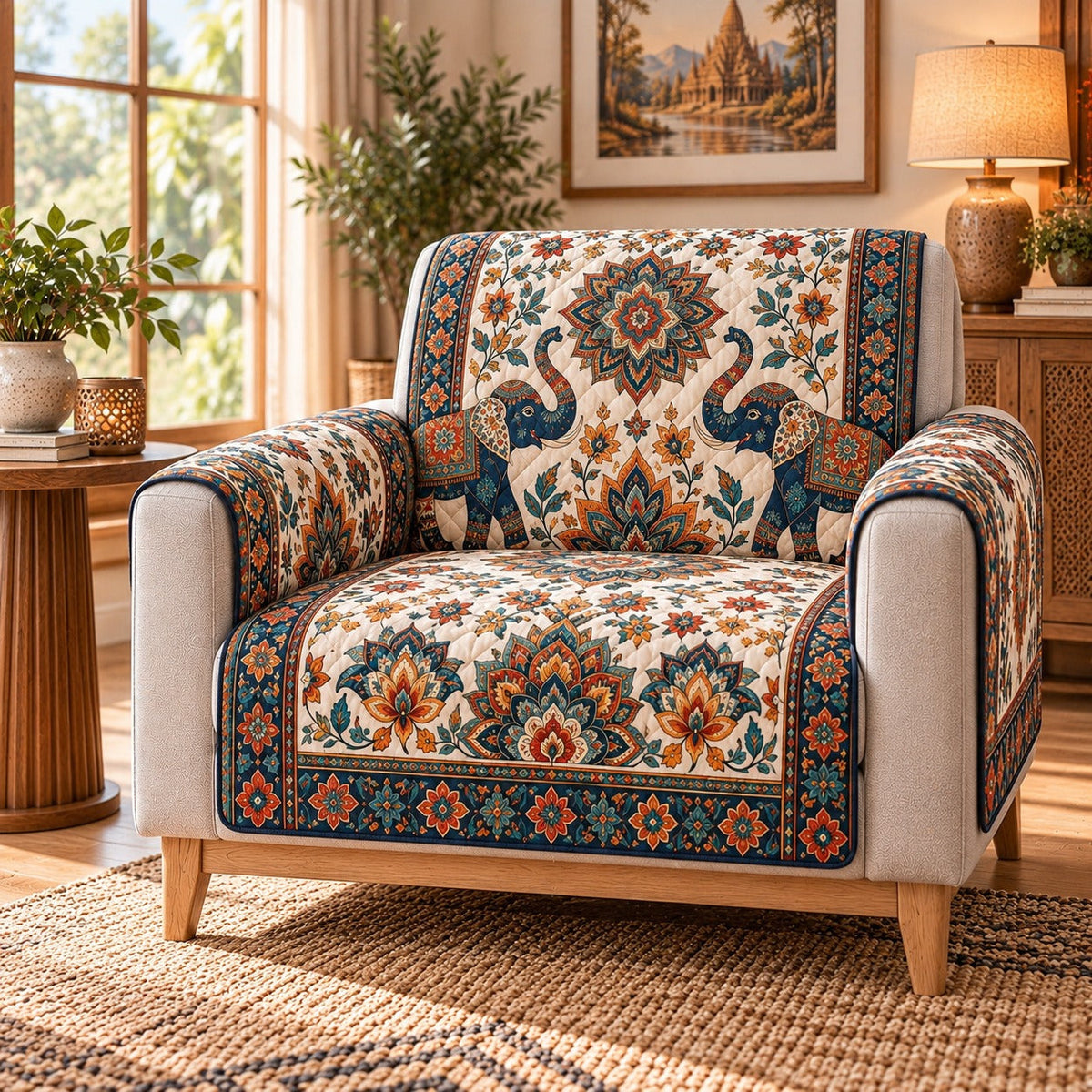 Ornamental Elephant Mandala Sofa Cover, AI-generated mockup