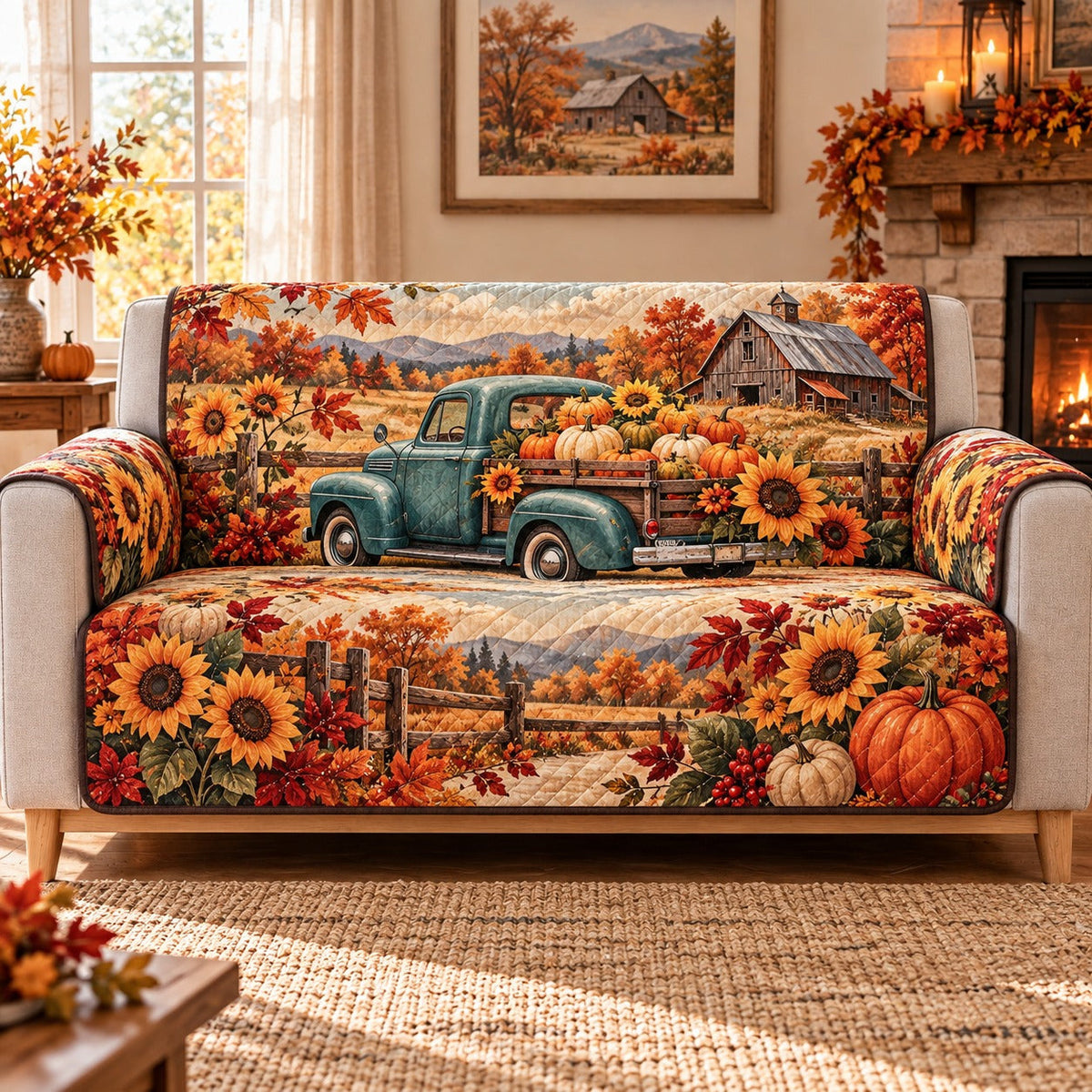 Vintage Truck Sunflower Sofa Cover, Autumn Gift for Truck and Sunflower Lovers