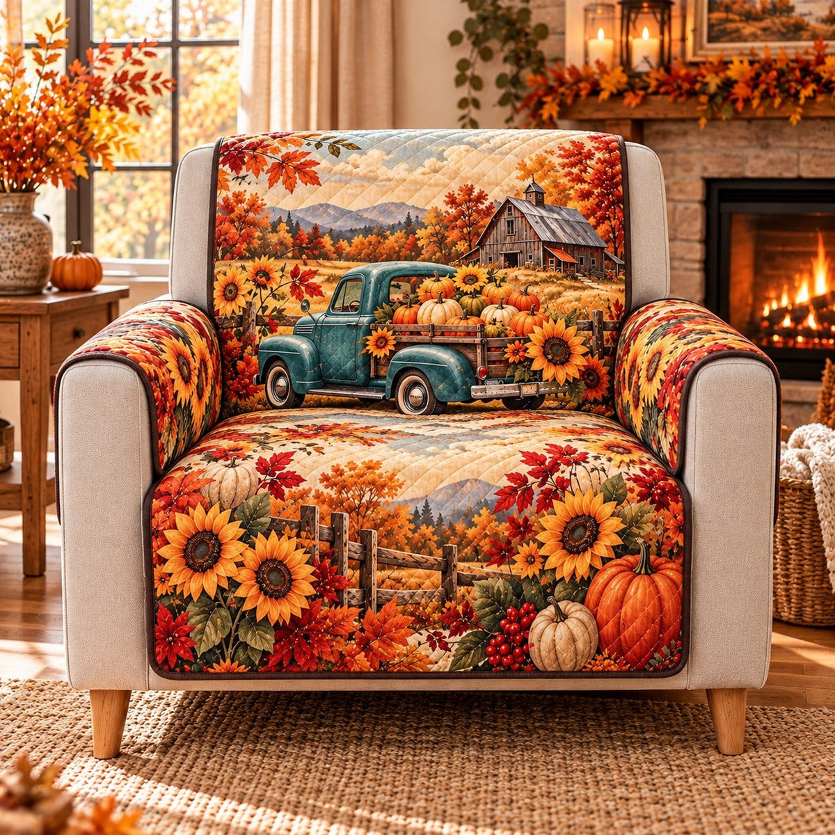 Vintage Truck Sunflower Sofa Cover, AI-generated mockup