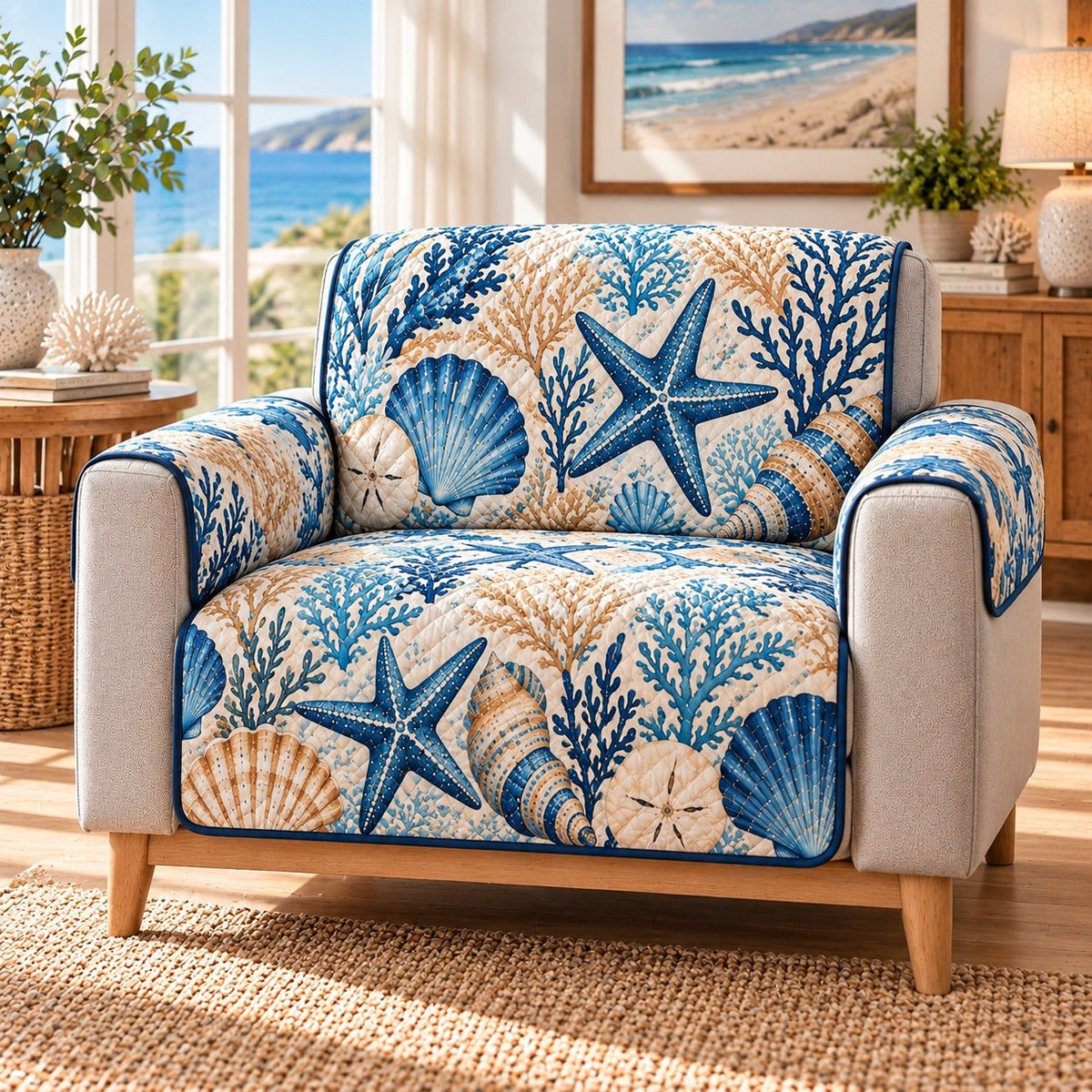 Seashell Starfish Sofa Cover, AI-generated mockup