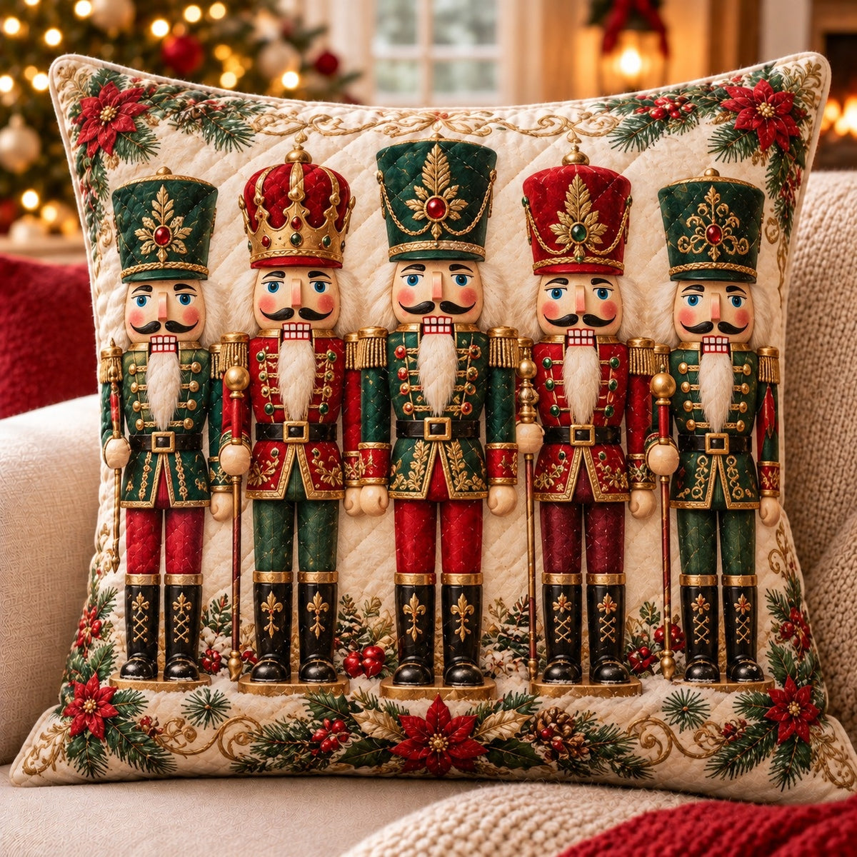 Christmas Nutcracker Quilted Throw Pillow, AI-generated front mockup