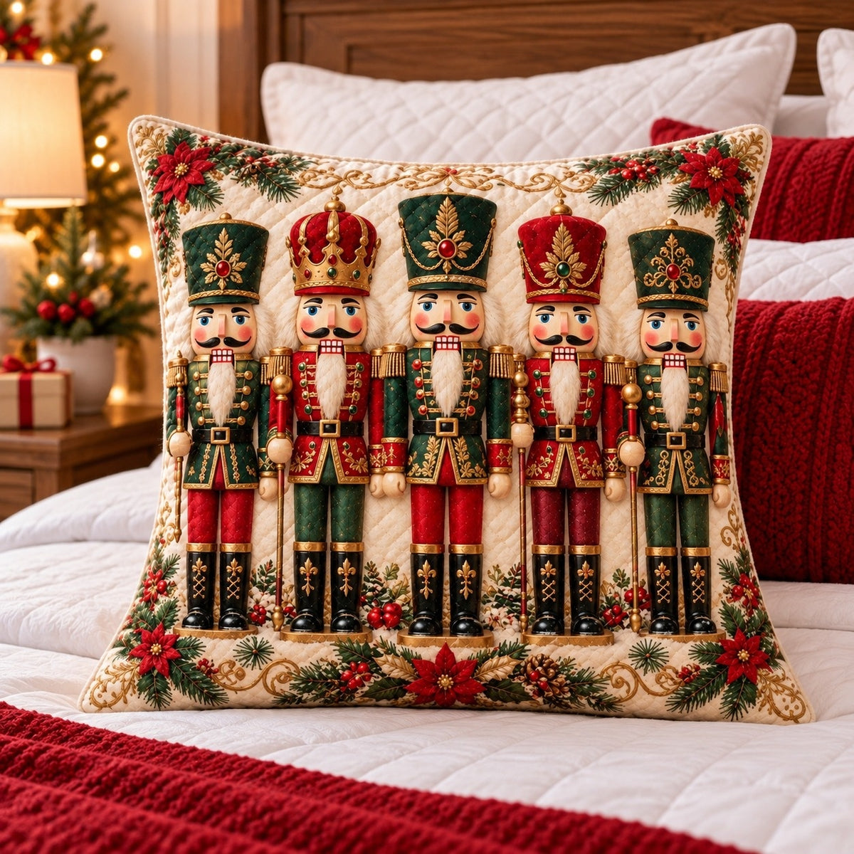 Christmas Nutcracker Quilted Throw Pillow, AI-generated styled room mockup