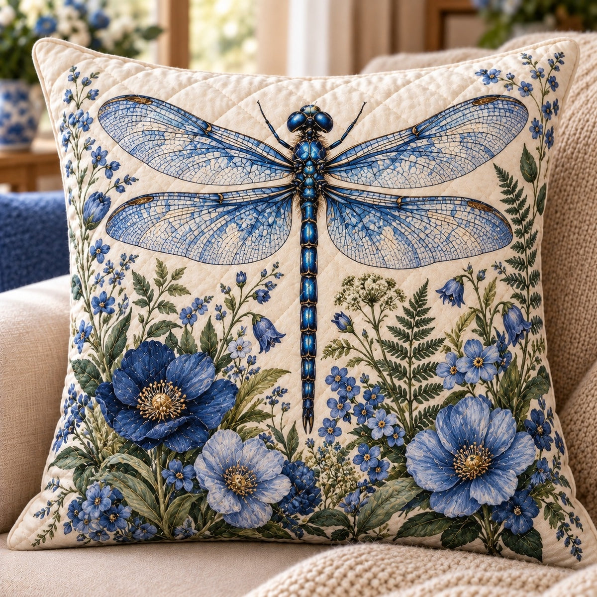 Blue Dragonfly Quilted Throw Pillow, AI-generated front mockup