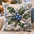 Blue Berries and Holly Quilted Throw Pillow, Winter Botanical Decor, Christmas Gift