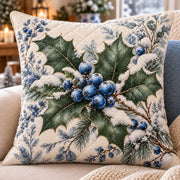 Blue Berries and Holly Quilted Throw Pillow, AI-generated front mockup