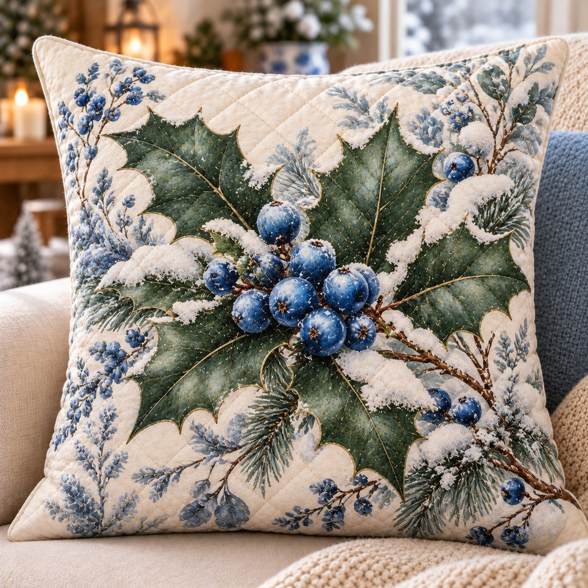 Blue Berries and Holly Quilted Throw Pillow, AI-generated front mockup