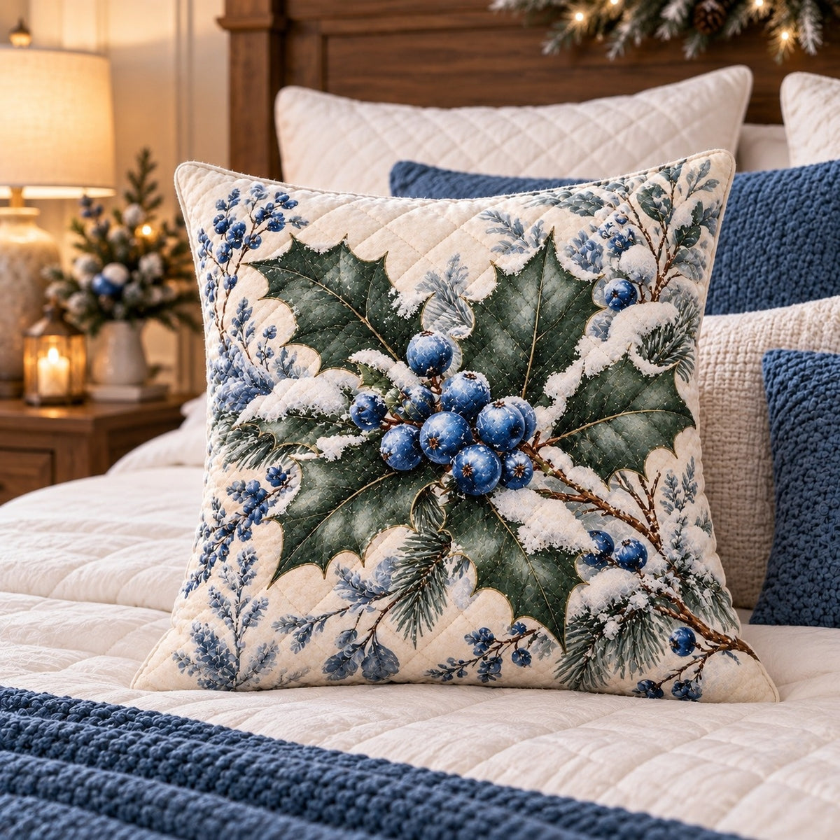 Blue Berries and Holly Quilted Throw Pillow, AI-generated styled room mockup