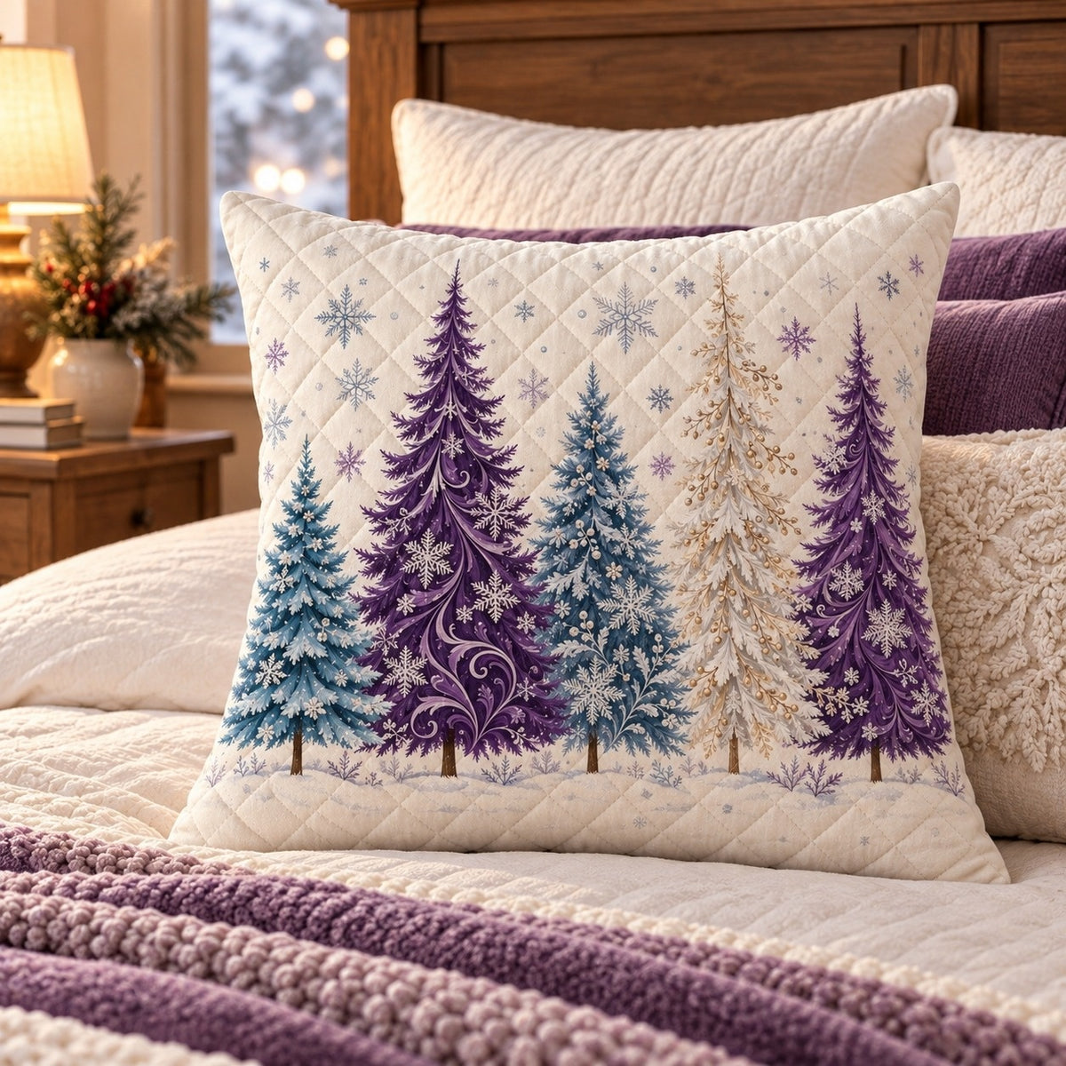 Purple Christmas Trees Quilted Throw Pillow, AI-generated styled room mockup