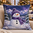 Purple Snowman Quilted Throw Pillow, Snowy Mountain Decor, Gift for Snowman Lovers