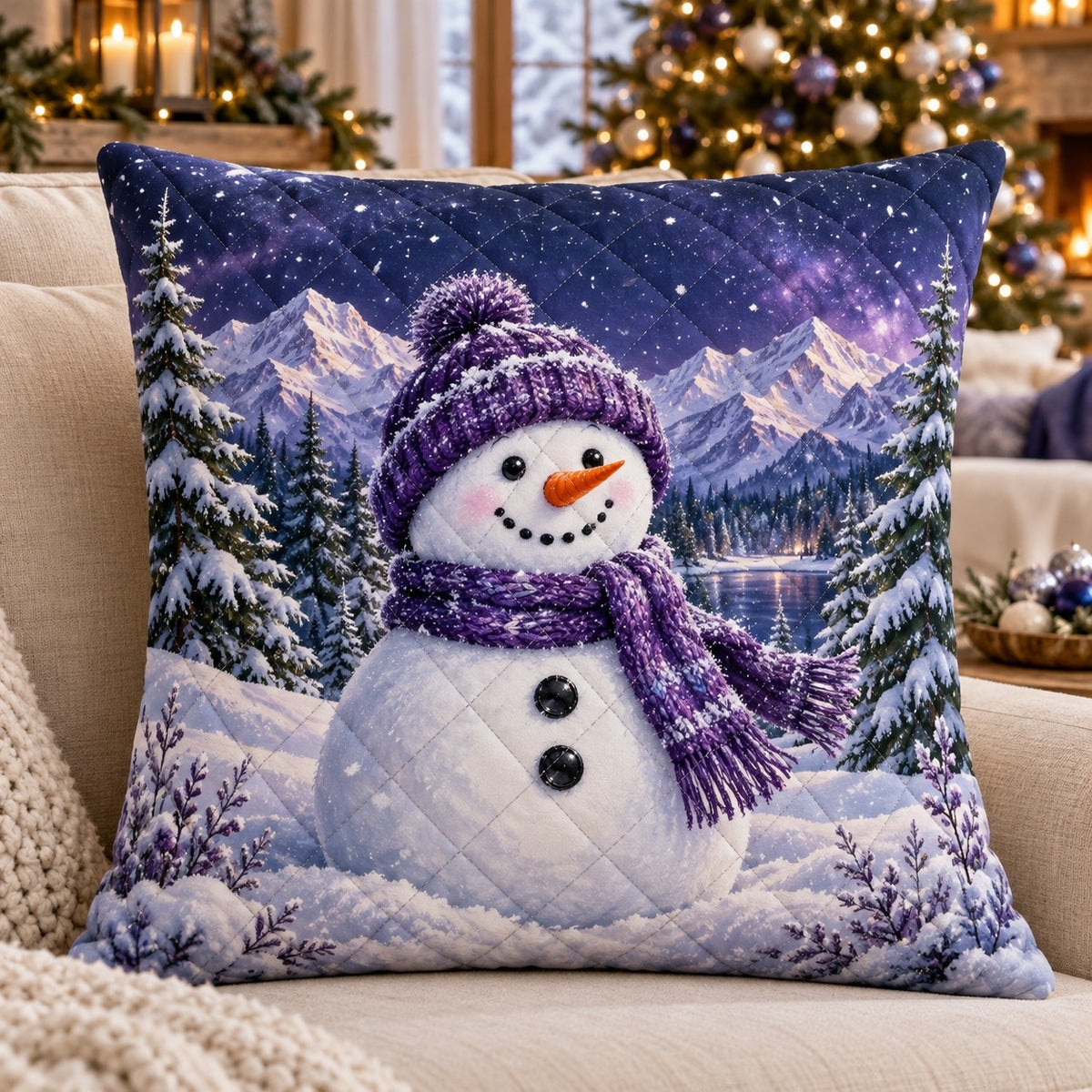 Purple Snowman Quilted Throw Pillow, AI-generated front mockup