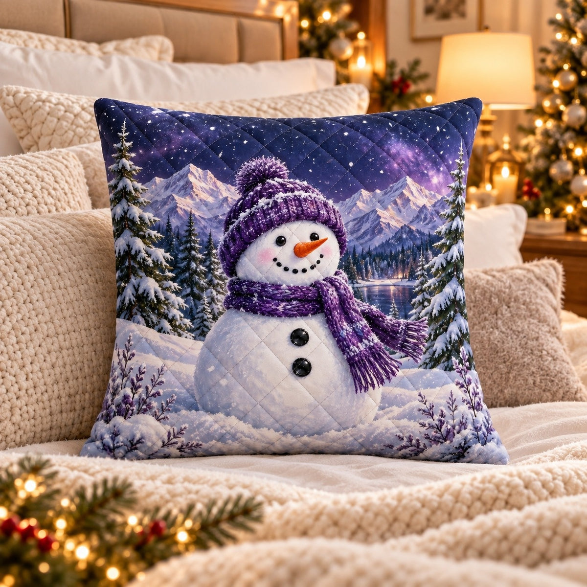 Purple Snowman Quilted Throw Pillow, AI-generated styled room mockup