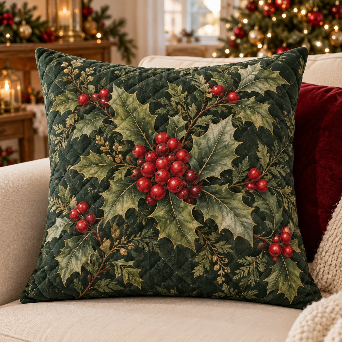 Holly and Red Berries Quilted Throw Pillow, AI-generated front mockup