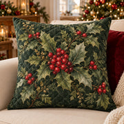 Holly and Red Berries Quilted Throw Pillow, AI-generated front mockup