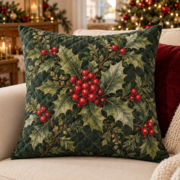 Holly and Red Berries Quilted Throw Pillow, Botanical Christmas Decor, Holiday Gift