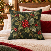Holly and Red Berries Quilted Throw Pillow, AI-generated styled room mockup
