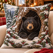 Winter Black Bear Quilted Throw Pillow, AI-generated front mockup