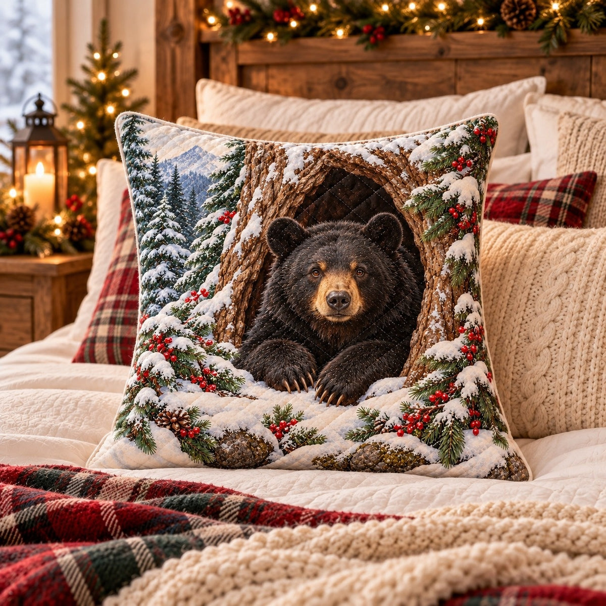 Winter Black Bear Quilted Throw Pillow, AI-generated styled room mockup