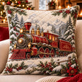 Red Steam Train Quilted Throw Pillow, Snowy Christmas Decor, Gift for Train Lovers