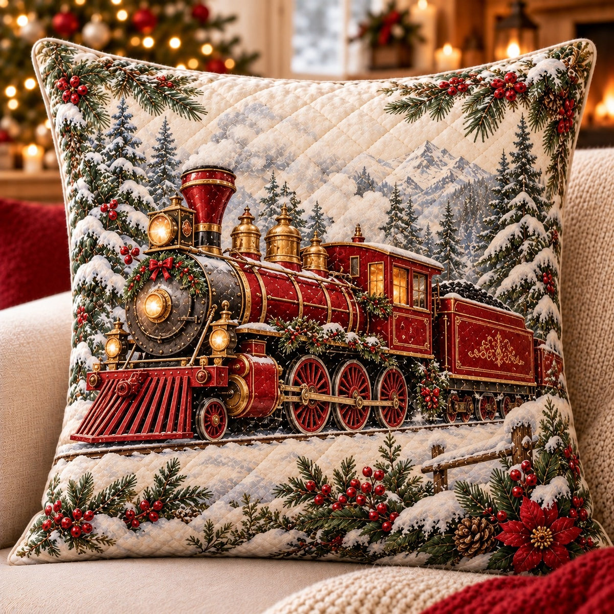 Red Steam Train Quilted Throw Pillow, AI-generated front mockup