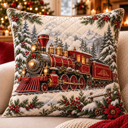 Red Steam Train Quilted Throw Pillow, Snowy Christmas Decor, Gift for Train Lovers